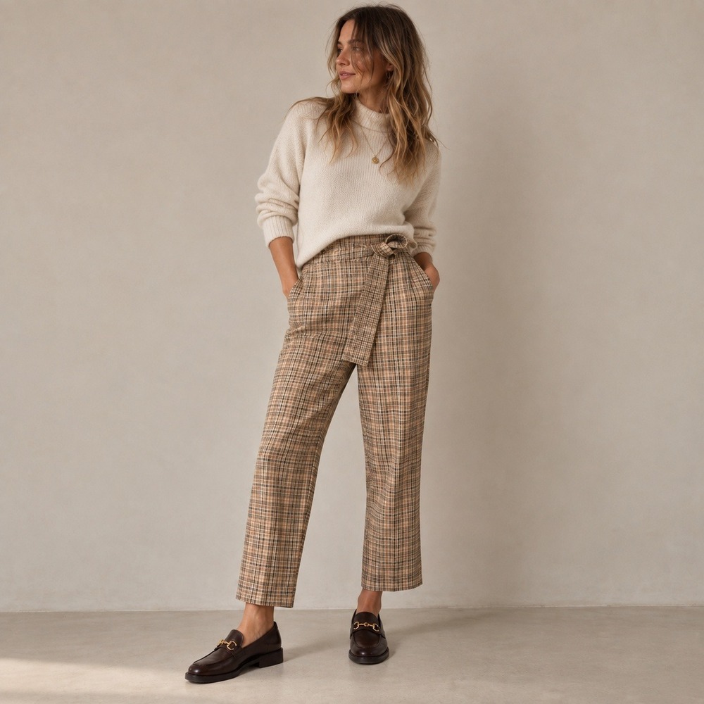 Wilfred Tie Front Plaid Straight Leg Cropped Trousers Sz 2